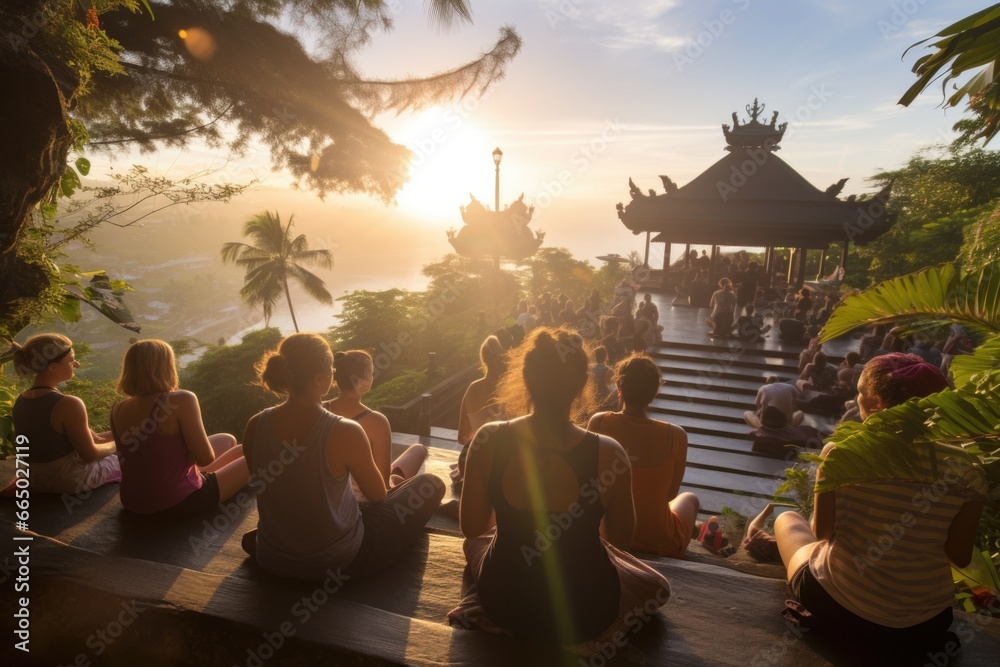 People meditating at sunset opening chakras and inner energy at a retreat on the island of Bali sitting together and looking at a pagoda. Different nationalities in the same community  - obrazy, fototapety, plakaty 
