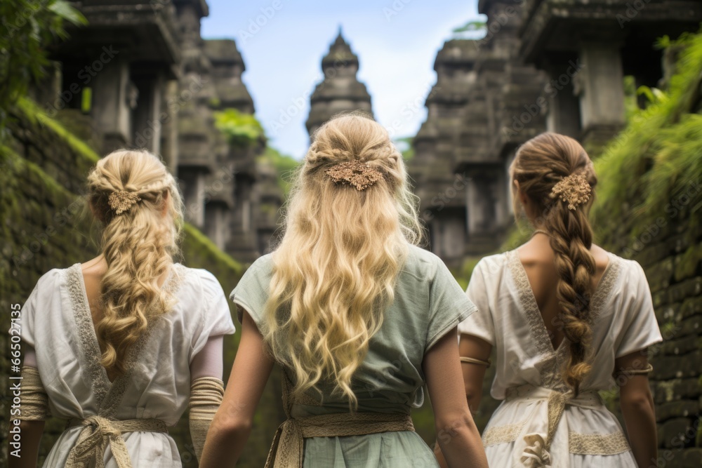 Rear view women with blonde hair  at vacation in Bali, Indonesia. Young girls traveler looking at pagoda  in beautiful nature place in the mountains, tropical jungle view