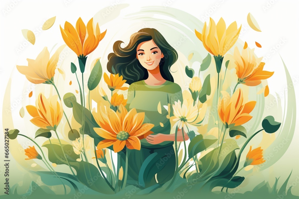 Happy beautiful girl with a bouquet of flowers in garden.  watering plants. Self love flat illustration, kind, creative art, vector. 