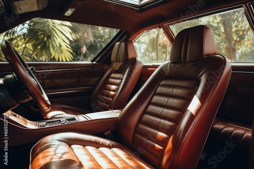 Brown leather interior of an expensive luxury car . Stylish design and comfortable sunlit car seats . Car’s interior  photo