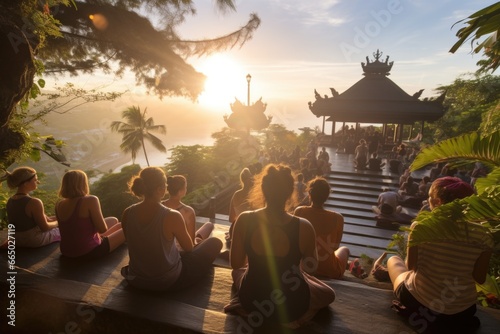 People meditating at sunset opening chakras and inner energy at a retreat on the island of Bali sitting together and looking at a pagoda. Different nationalities in the same community 