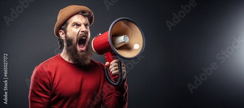 Crazy person shouting through megaphone. Loud and Clear: A man passionately announces breaking news through a megaphone on an isolated backdrop.