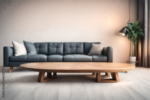 Wood table top on blur living room have leather sofa and decoration minimal.