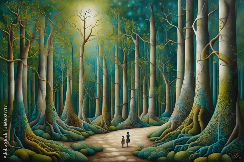 a surreal masterpiece that depicts a serene forest scene with trees ...