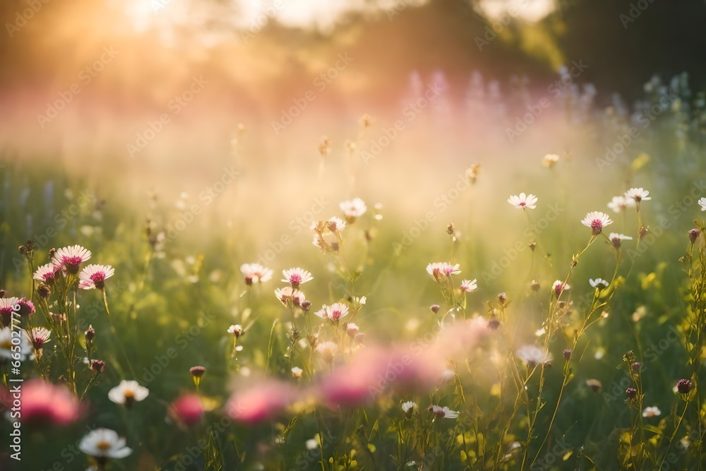 A Photograph capturing the ethereal beauty of a meadow, bathed in soft light, as vibrant blossoms sway in harmony with the gentle breeze.