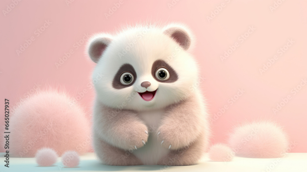 Realistic 3d render of a happy,  furry and cute baby Panda smiling with big eyes looking strainght