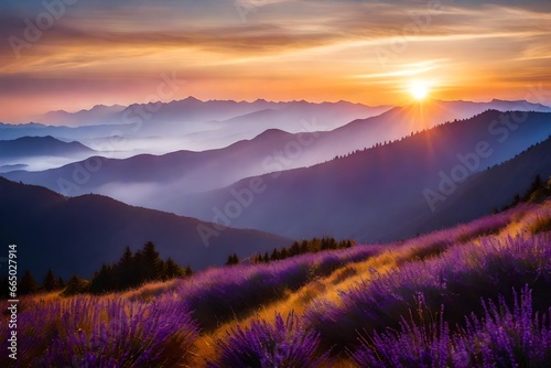 A photograph capturing the serene tranquility of a vast mountaintop at sunrise, with hues of gold and lavender painting the sky.