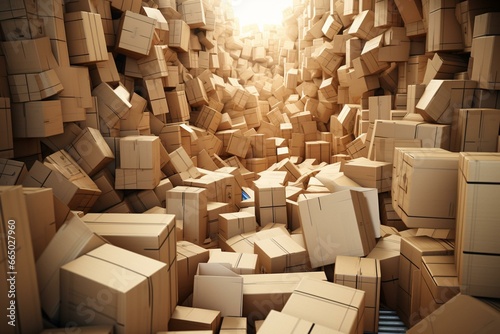 3D illustration of numerous cardboard parcels piled up. Generative AI