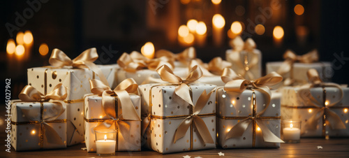 A breathtaking holiday scene with light gift boxes with gold ribbons and golden bokeh creates an enchanting atmosphere of celebration and joy. Boxing Day © Ms VectorPlus