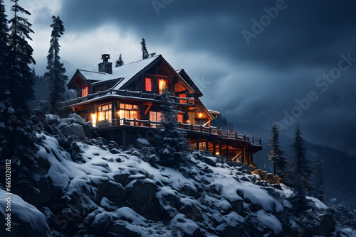 Winter Wonderland, Cozy Mountain House on Christmas Day © ELmidoi-AI
