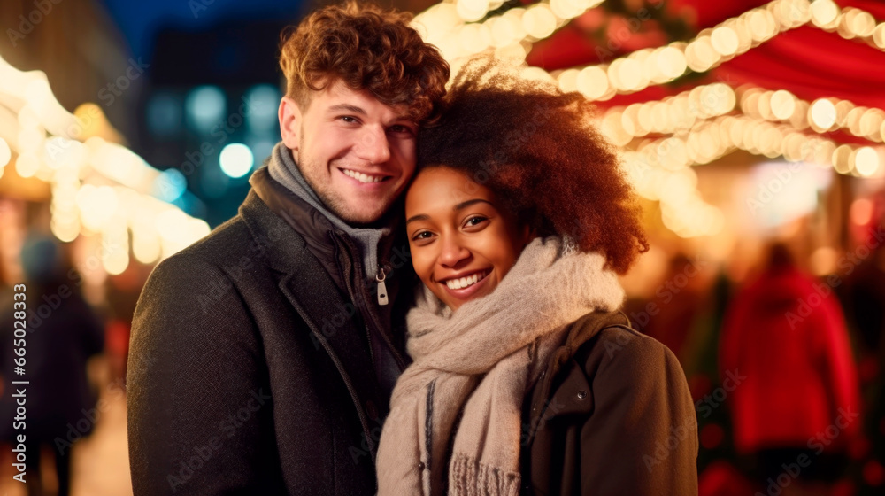 Mixed couple having a walk on a winter day. Christmas feeling concept. Ai generated Mixed couple having a walk on a winter day. Christmas feeling concept. Ai generated