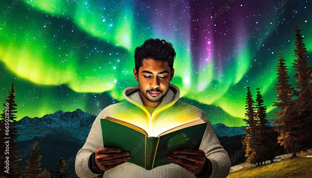 Persona leyendo libro en aurora boreal - obrazy, fototapety, plakaty 