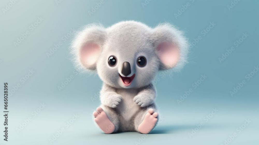 Realistic 3d render of a happy,  furry and cute baby Koala smiling with big eyes looking strainght - obrazy, fototapety, plakaty 