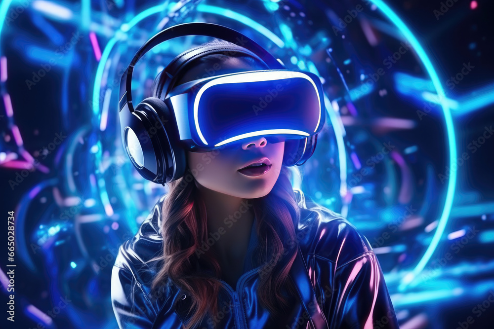 Caucasian young woman wearing vr headset, technology metaverse background Caucasian young woman wearing vr headset, technology metaverse background