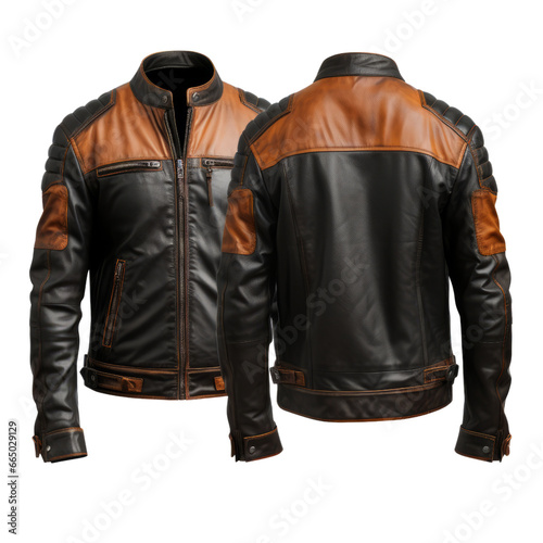 Classic front and back image of beautiful black and brown color biker leather jacket.