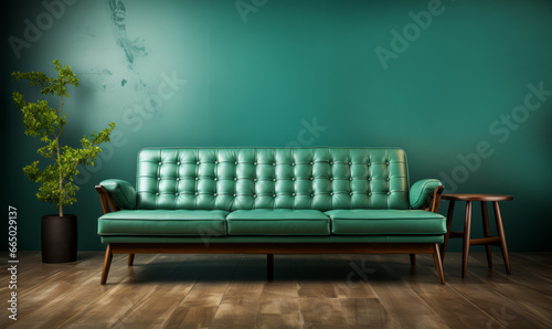 A light green leather sofa is positioned against a wall with a copy space. Mid-century, retro, vintage-style home interior design of a modern living room © ND STOCK