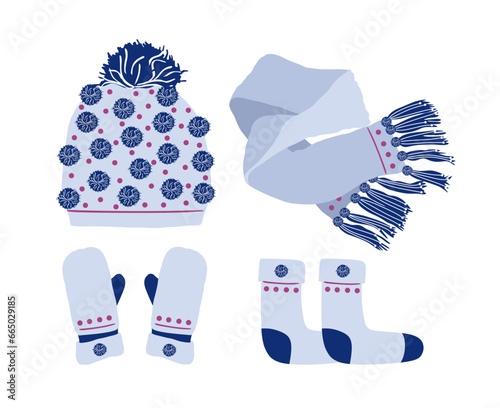 Set of winter accessories knitted hat scarf mittens socks light blue. Stock vector flat illustration isolated on white