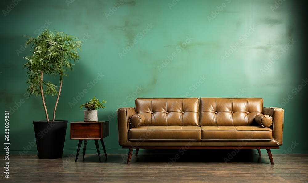 A light green leather sofa is positioned against a wall with a copy space. Mid-century, retro, vintage-style home interior design of a modern living room A light green leather sofa is positioned against a wall with a copy space. Mid-century, retro, vintage-style home interior design of a modern living room