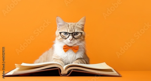 Cat with glasses reads a book on a orange background with space for text. photo