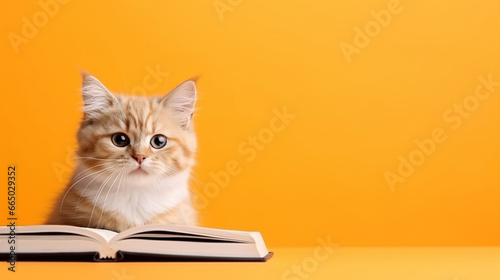 Cat with glasses reads a book on a orange background with space for text.