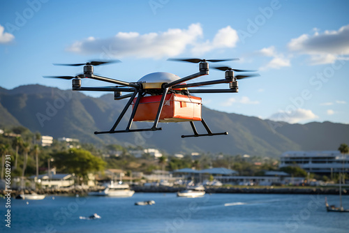 A drone delivers food  drinks or medicine in a cardboard box to customers on a yacht.