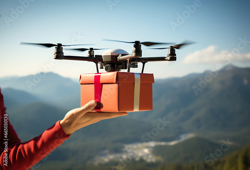 The drone delivers food, drinks or medicine in a cardboard box to tourists in the mountains or hard-to-reach places in the mountains. photo