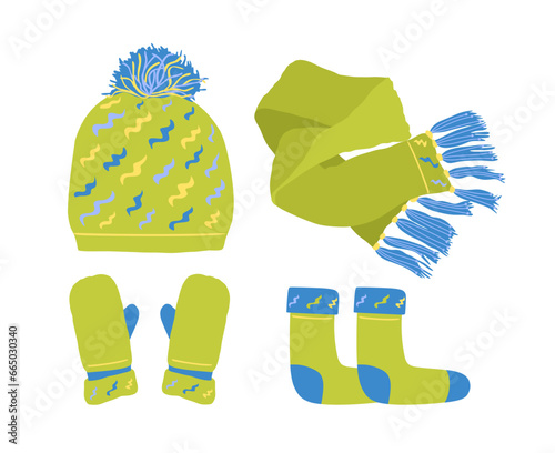 Set of winter accessories knitted hat scarf mittens socks light green. Stock vector flat illustration isolated on white