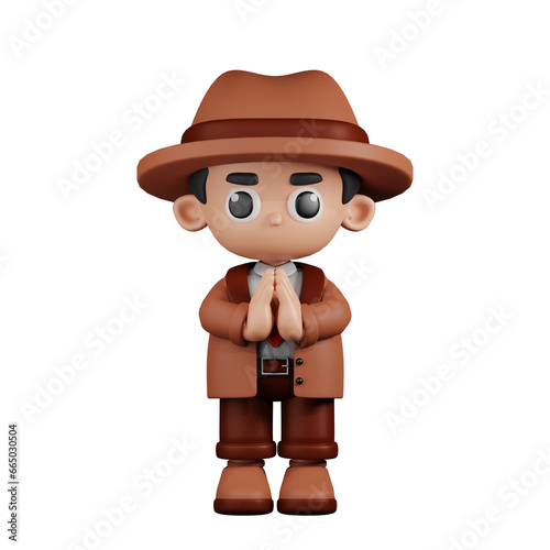 3d Character Detective Apologizing Pose. 3d render isolated on transparent backdrop.