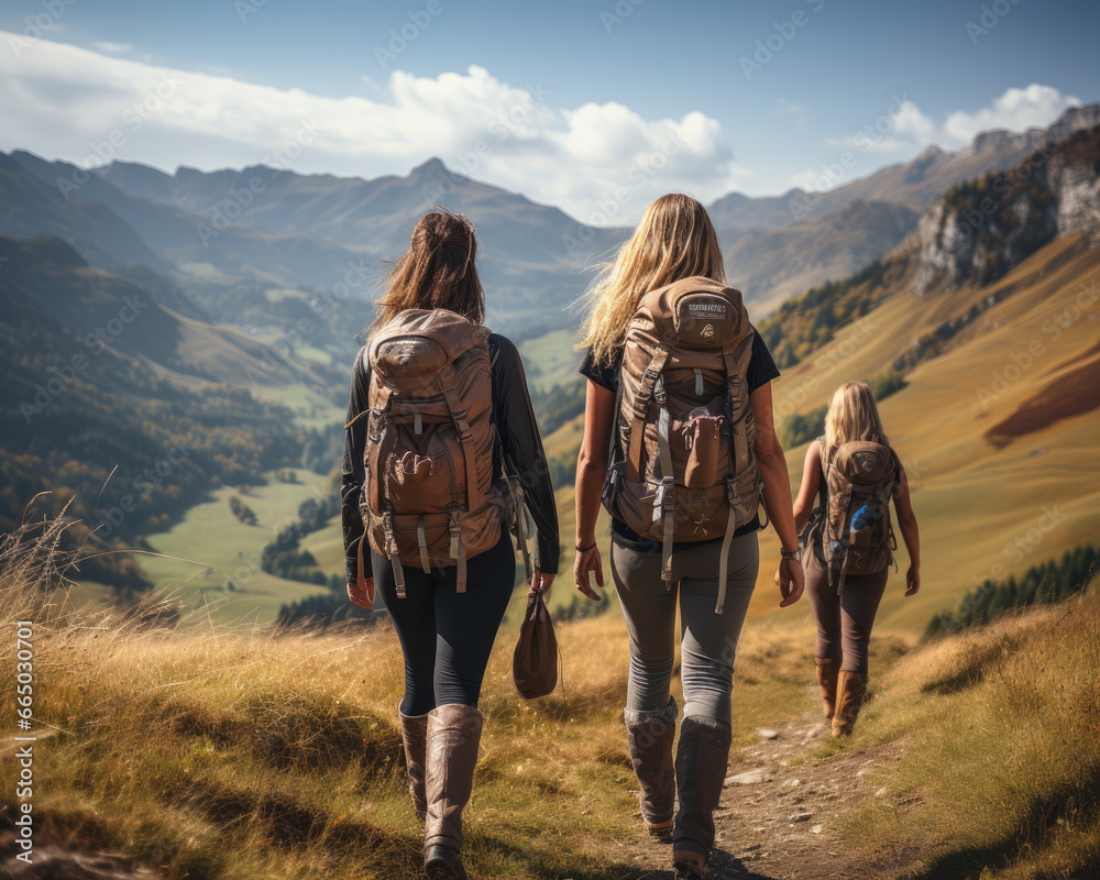 young group of backpackers trekking in the countryside