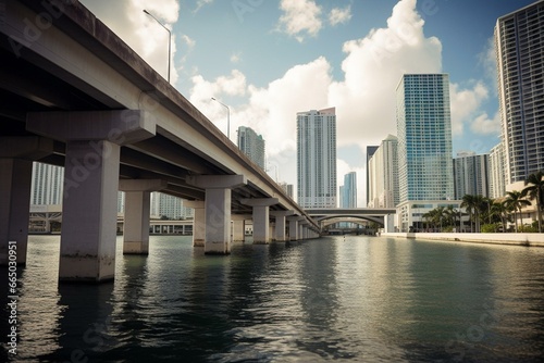 Brickell Avenue bridge over river with downtown Miami buildings  Florida. Generative AI