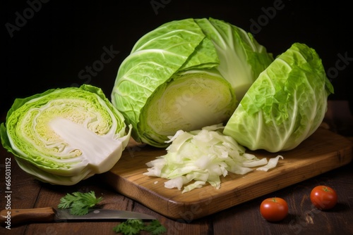 cabbage and cutted cabbage on wooden