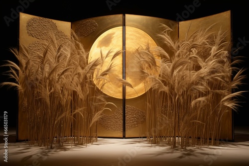 Golden folding screen with pampas grass and full moon. Generative AI photo
