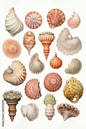 seashells collection watercolor sketch hand drawn style on white background