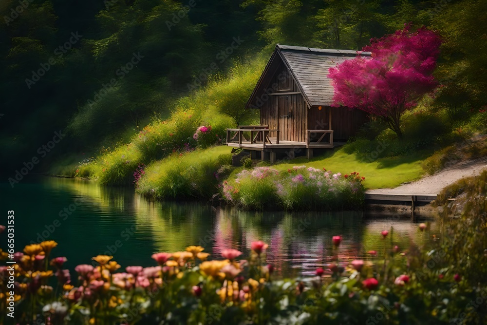 A Photograph of a serene lakeside landscape with a charming hut and colorful blooms, evoking an ethereal sense of peaceful bliss. A Photograph of a serene lakeside landscape with a charming hut and colorful blooms, evoking an ethereal sense of peaceful bliss.