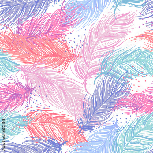 Seamless vector repeat pattern with feathers. For invitations, wedding, cards, textiles, backdrops. Fashion wallpaper for girl