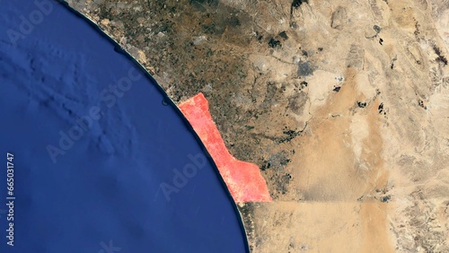 A 3D satellite image map of the earth showing the Gaza Strip in Palestine, shouthwest of Israel. The Gaza Strip is highlighted in red and the Rafah crossing is visible. No text.
