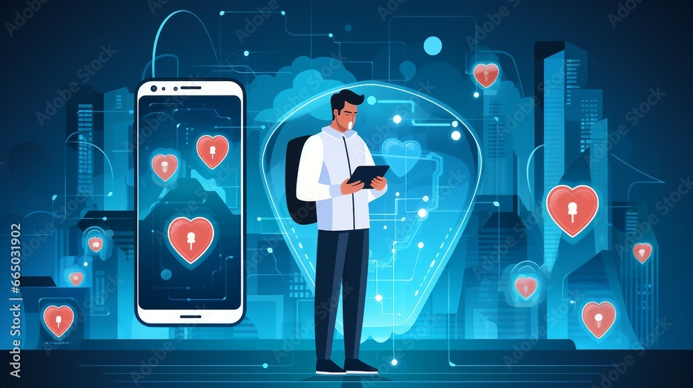 illustration of Mobile Health App Security,mobile app developers and users taking measures to ensure the security of patient data . - obrazy, fototapety, plakaty 