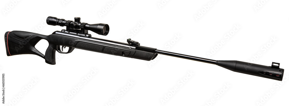 A modern air rifle with a futuristic design. Air gun with optical sight. Pneumatic weapons for sports and entertainment. Isolate on a white back