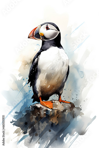 sketch of an Atlantic Puffin with watercolor hand drawn style