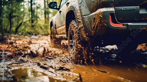 Close-up view of car tires conquering the muddy terrain