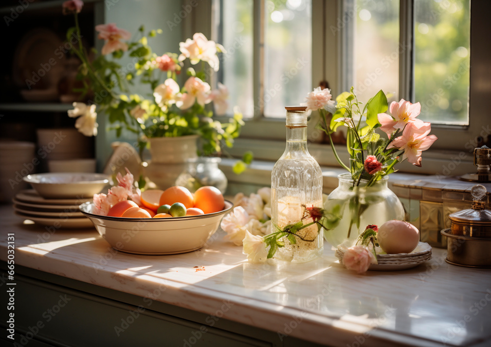 Kitchen table with healthy food, fruit, medicinal herbs and flowers. with natural light. made with AI