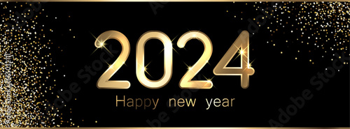 New Year 2024 golden shiny numbers for calendar on black background with gold sand or small foil particles.