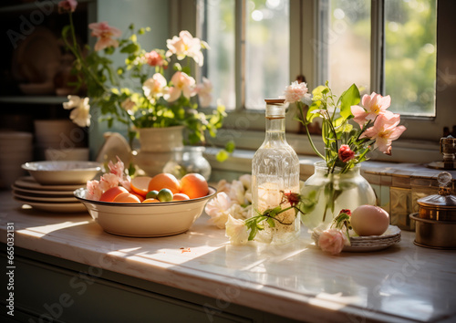 Kitchen table with healthy food  fruit  medicinal herbs and flowers. with natural light. made with AI