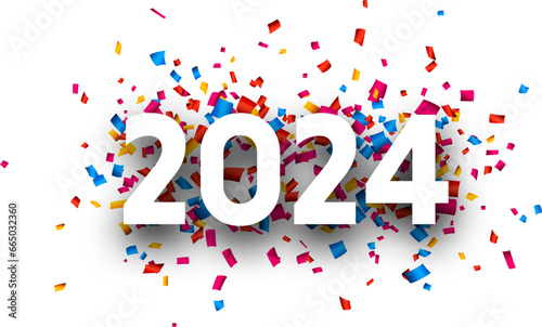 New Year 2024 paper numbers for calendar header on colorful background made of multicolored confetti. © Vjom