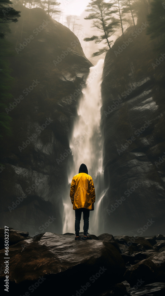 Obraz premium illustration, Man in a yellow jacket standing on a rock next to a tall waterfall in the forest, volumetric fog, cinematic composition, wide angle lens