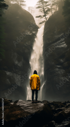illustration, Man in a yellow jacket standing on a rock next to a tall waterfall in the forest, volumetric fog, cinematic composition, wide angle lens
