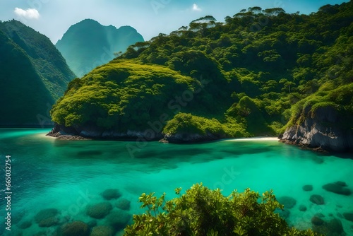 A Photograph capturing the serene beauty of an isolated island bathed in soft sunlight, with lush greenery and crystal-clear turquoise waters.