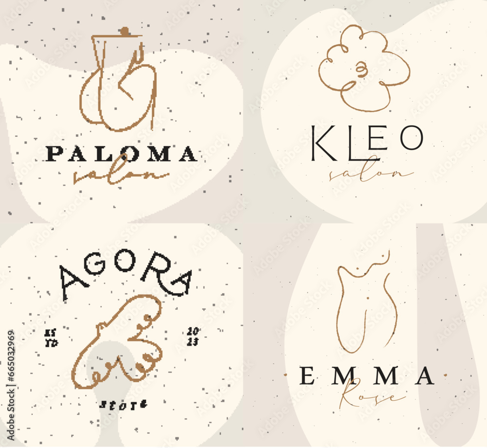 Labels art style woman back, torso, cloud, bird with lettering drawing on beige background