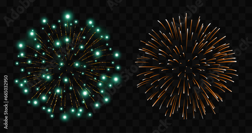 Fireworks explosion vector set, green and gold fireworks