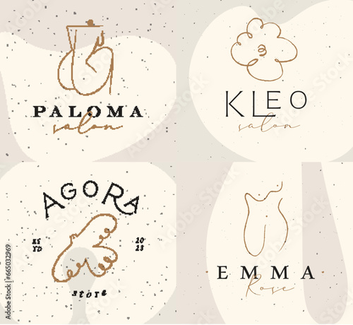 Obraz na płótnie Labels art style woman back, torso, cloud, bird with lettering drawing on beige background w salonie